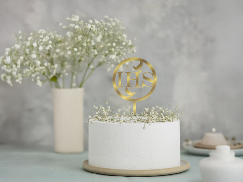 Gold mirrored plexiglass topper for IHS I Communion cake