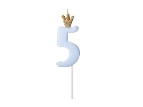 Candle number five blue with crown - 5 - 1 piece.