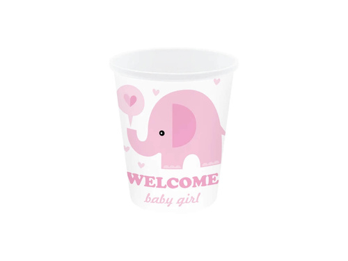 Kubeczki papierowe na Baby Shower różowe Słonik - 220 ml - 6 szt.