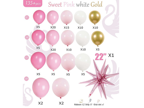 Zestaw balonów do girlandy balonowej biało-złoto--różowy - 135 szt.
