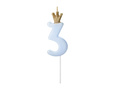 Number three blue candle with crown - 3 - 1 piece.