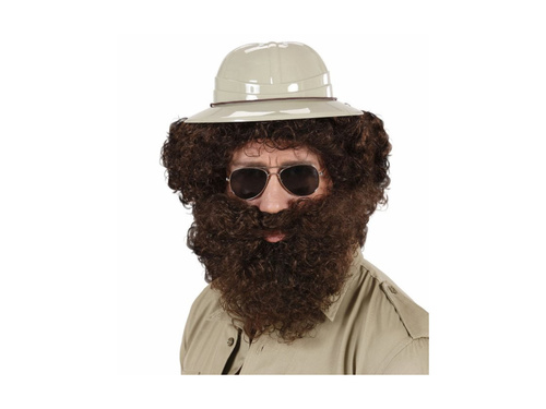 Brązowa kręcona peruka jaskiniowca z brodą