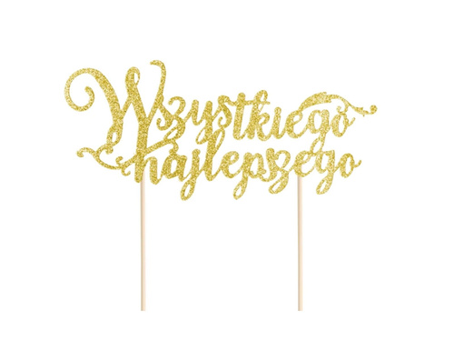 Topper na tort Wszystkiego najlepszego złoty - 19 x 14 cm - 1 szt.