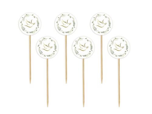 Cupcake picks Dove with leaves for the First Holy Communion - 6 pcs.
