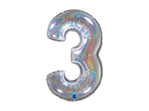 Balon foliowy cyfra 3 brokatowy holograficzny srebrny - 26" - 1 szt.