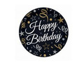 Talerzyki papierowe na urodziny Happy Birthday czarne - 18 cm - 6 szt.