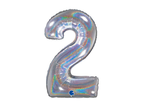 Balon foliowy cyfra 2 brokatowy holograficzny srebrny - 26" - 1 szt.