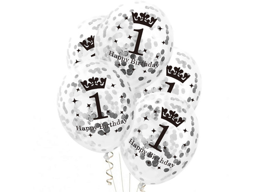 Transparent balloons with silver confetti for a birthday party - 30 cm - 5 pcs