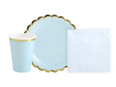 Zestaw kubeczki + talerzyki + serwetki papierowe w kolorze błękitnym ze złotem - 44 szt.