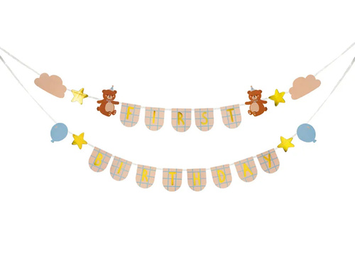 Baner urodzinowy First Birthday na roczek Miś - 255 cm - 1 szt.
