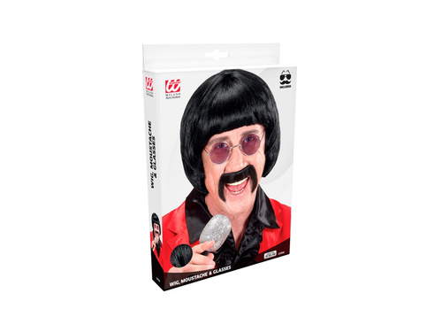 Czarna peruka Music Man z lat 60. z wąsami i okularami