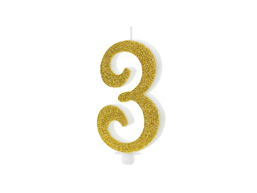 Number candle with gold glitter - 3 - 1 piece.