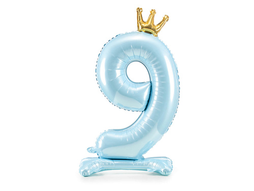 Balon foliowy stojący cyfra 9 błękitna z koroną - 84 cm - 1 szt.