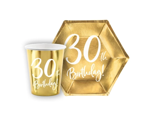 Zestaw kubeczki + talerzyki papierowe na urodziny złote 30th Birthday! - 12 szt.