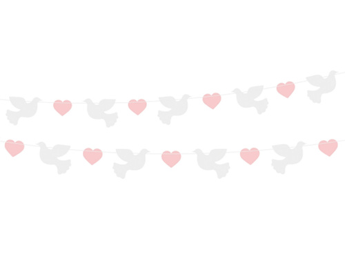 Paper garland Doves and pink hearts - 150 cm - 1 pc.