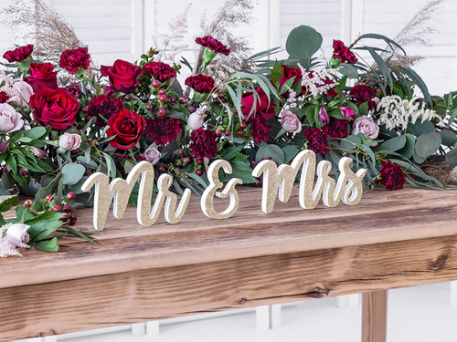 Wooden table decoration Mr & Mrs gold glitter - 1 op.