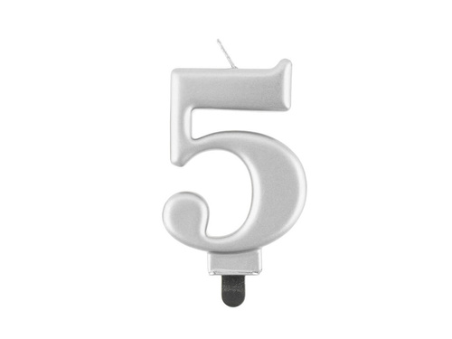 Silver metallic number candle - 5 - five