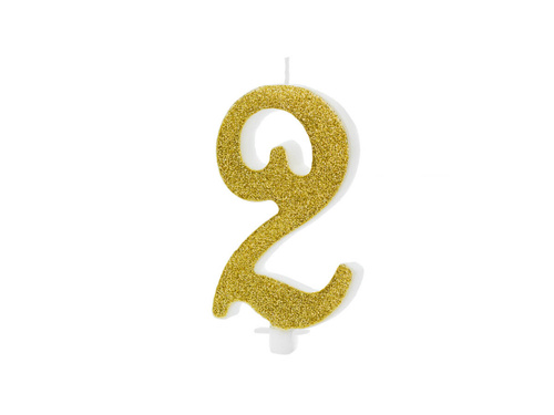 Number candle with gold glitter - 2 - 1 piece.