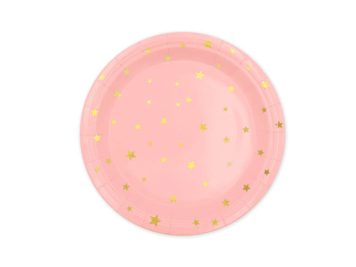 Pink paper plates with gold stars - 18 cm - 6 pcs.