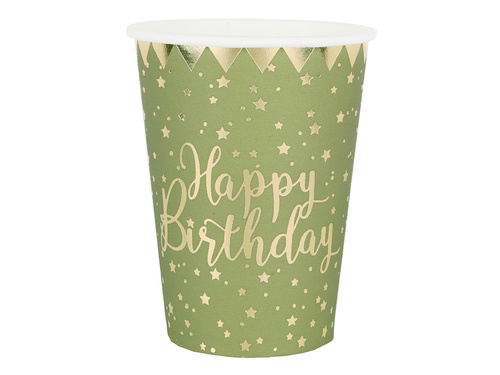 Kubeczki papierowe na urodziny oliwkowe Happy Birthday - 270 ml - 10 szt.