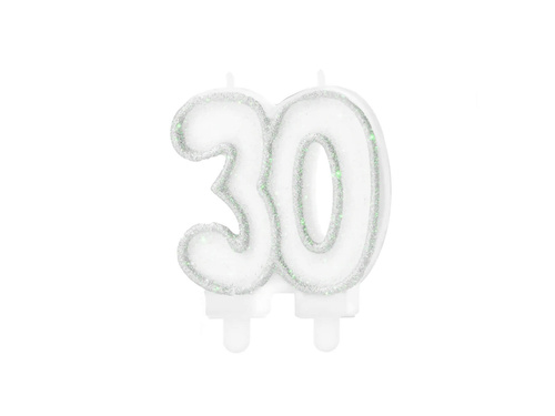 Silver glitter thirtieth anniversary candle - 8,5 cm - 1 pc.