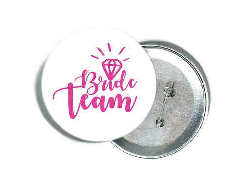 White pin with pink Bride Team inscription and diamond