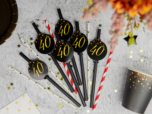 Sparkling black straws for fortieth birthday - 6 pcs.