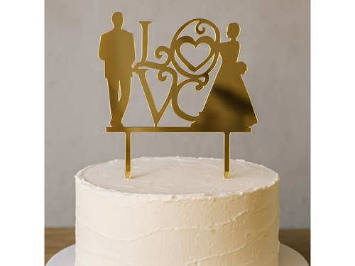 Gold mirrored plexiglass topper for Love cake with bride and groom - 16.5 cm