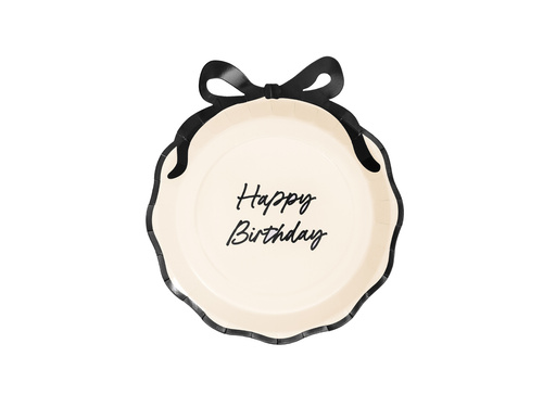 Talerzyki papierowe na urodziny Happy Birthday z kokardką  - 24 cm - 6 szt.