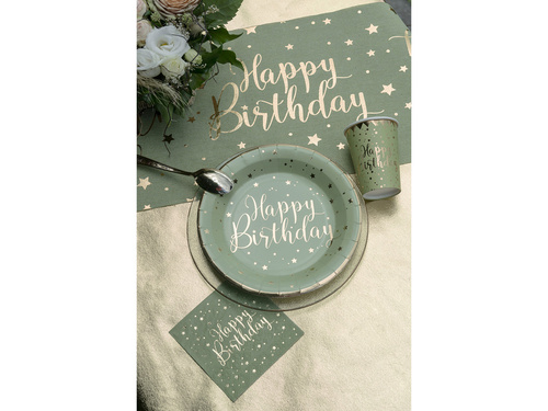 Kubeczki papierowe na urodziny oliwkowe Happy Birthday - 270 ml - 10 szt.