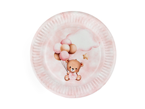 Talerzyki papierowe różowe Misie z balonikami - 18 cm - 6 szt.