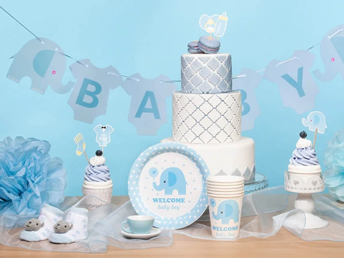 Talerzyki papierowe na Baby Shower Słonik niebieskie - 18 cm - 6 szt.