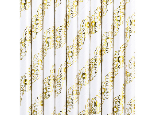 Paper tube straws golden flowers - 19,5 cm - 10 pcs.