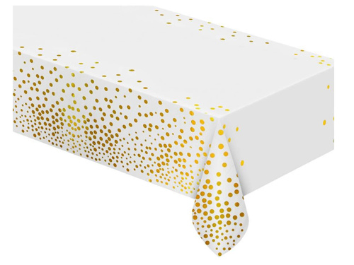 Birthday tablecloth white with gold dots - 137 x 183 cm - 1 pcs.