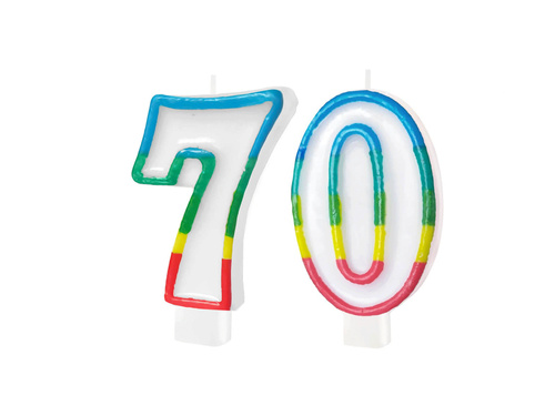 Świeczki cyferki z kolorową obwódką cyfra 70 - 8,5 cm - 2 szt.