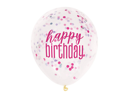 Transparent Happy Birthday balloons with pink confetti inside - 30 cm - 6 pcs.