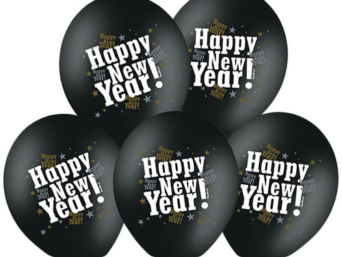 Black printed Happy New Year balloons for New Year's Eve - 37 cm - 50 pcs.