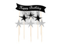 Topper na tort Happy Birthday z pikerami srebrny - 7 szt.