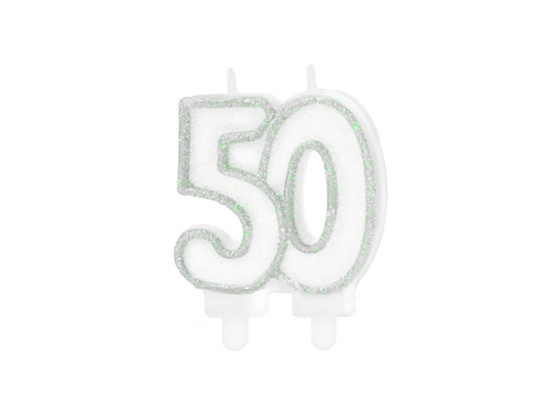 Silver glitter fiftieth anniversary candle - 8,5 cm - 1 pc.