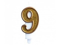 Number candle with gold border and gold glitter - 9 - 1 piece.