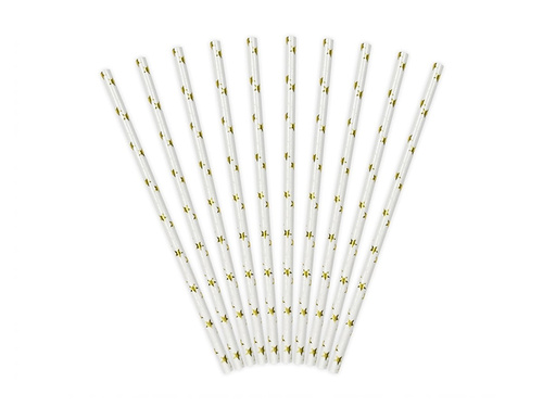 Tube straws white with gold stars - 10 pcs.