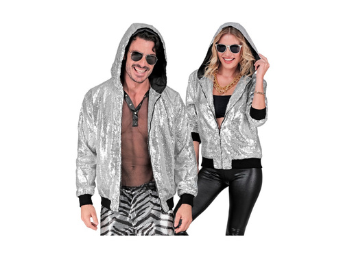 Imprezowa cekinowa kurtka - bomberka z kapturem - srebrna