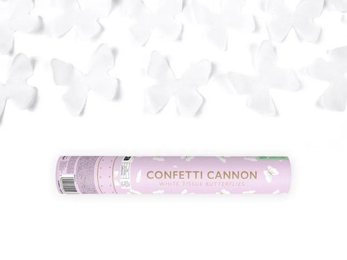 White butterflies party cannon, 28 cm, 1 pc