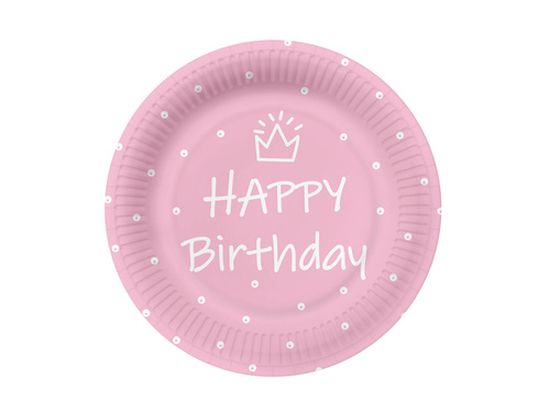 Happy Birthday pink plates with crown - 23 cm - 10 pcs.