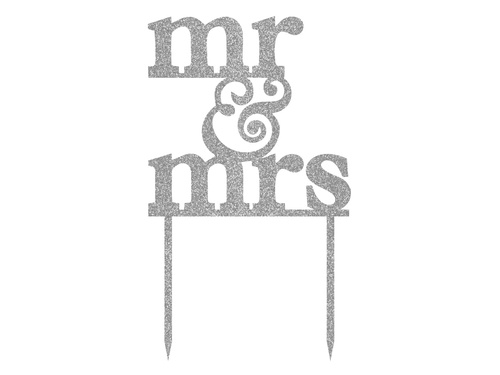 Mr & Mrs silver glitter plexiglass cake topper - 15.5 cm