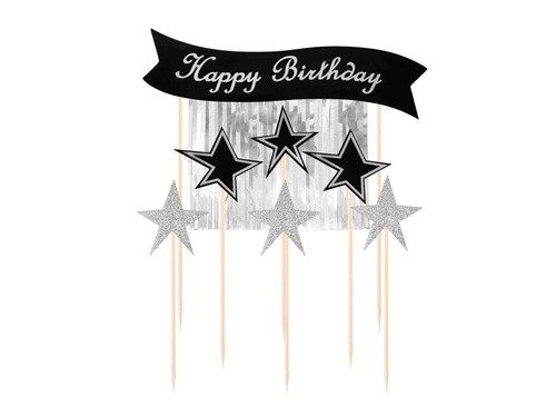 Topper na tort Happy Birthday z pikerami srebrny - 7 szt.