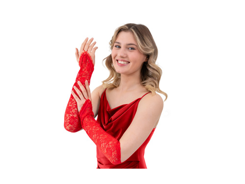 Czerwone koronkowe rękawiczki na palec - 40 cm - 1 para