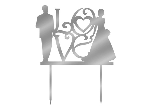 Mirrored silver plexiglass topper for Love cake with bride and groom - 16.5 cm