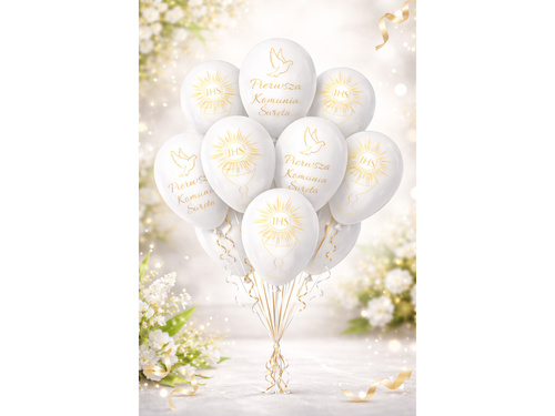 Balony lateksowe ze złotym napisem Pierwsza Komunia Święta - 30 cm - 12 szt.