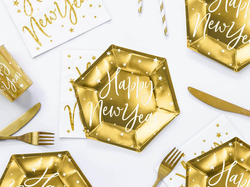 Happy New Year gold paper plates - 20 cm - 6 pcs.